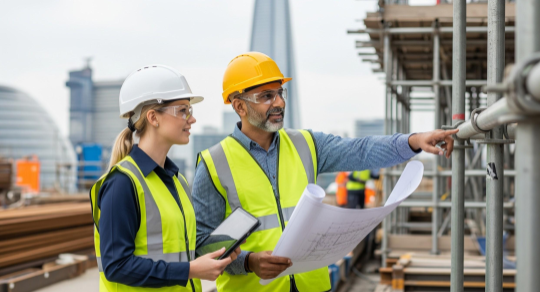 A man and woman on a construction site in high vis and hard hats, looking at a site plan