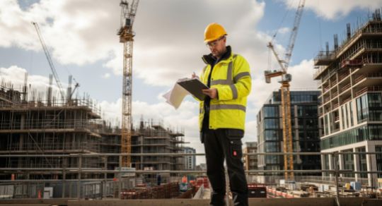A white male in a yellow hard hat and hi vis jacket standing with a clipboard on a construction site
